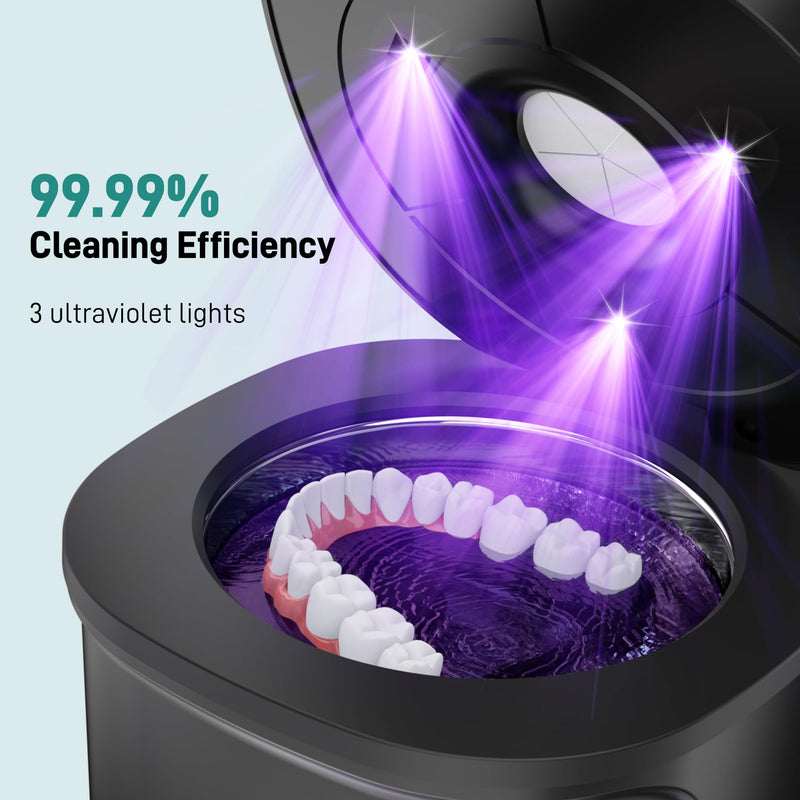 [Australia] - Ultrasonic Retainer Cleaner, Dental Cleaning Pod with U-V Lights, 45kHz Retainer Cleaner Machine for Dentures, Toothbrush Heads, Jewelry, Aligner, Night Mouth Guards (Black) Black 
