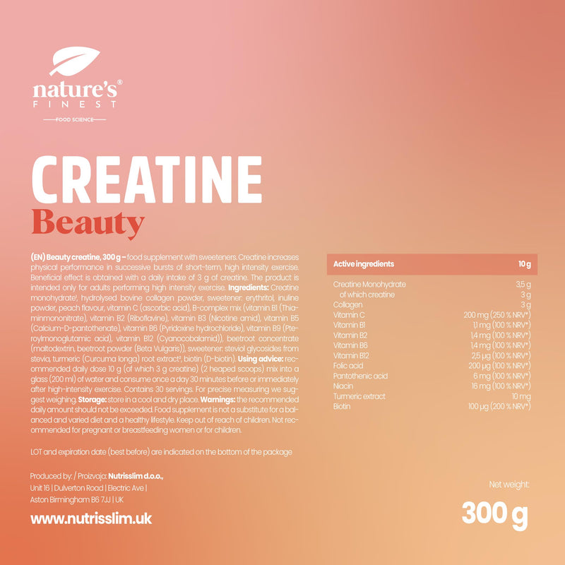 Nature's Finest by Nutrisslim Beauty Creatine Powder for Women, Creatine, Collagen & Biotin, Peach Flavour, 300 g, 30 Servings, Food Supplement 300 g (Peach Flavoured) with Collagen, Biotin