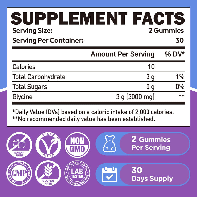 Glycine Gummies, 3g(3000 mg) Glycine Supplements for Sleep, Sugar-Free, 60 | For Detox, Relax, Nerve Support, Blueberry Flavor, Vegan, Non-GMO, Gluten-Free 60 Count (Pack of 1)