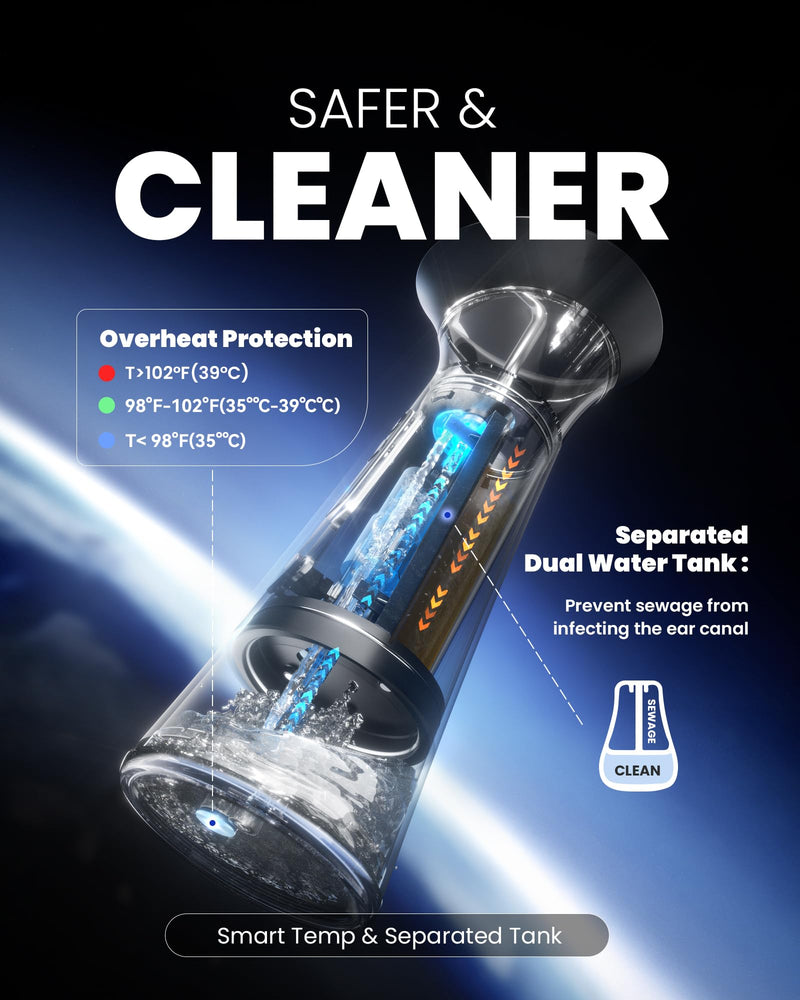 [Australia] - Electric Ear Wax Removal with Separated Dual Tank, IPX6 Waterproof Ear Cleaner Kit, Water Temperature Detection, FSA/HSA Eligible & Ergonomic Upright Rinse Design, USB-A to C Cable Black 
