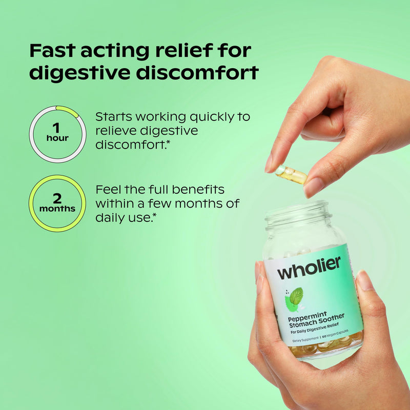 [Australia] - wholier Peppermint Oil, Ginger Root Oil for Bloating Relief, Nausea Relief, Upset Stomach Relief + Gut Health. Daily Herbal Supplement. Peppermint Stomach Soother. (60 Vegan Capsules) Glass Bottle 