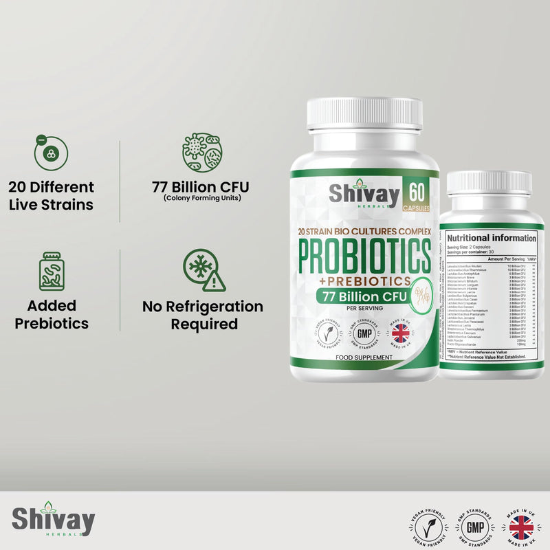 Probiotics & Prebiotic Bio Cultures Complex | 77 Billion CFU | 60 Vegan Capsules - 1 Month Supply | 20 Multi-Strain Gut-Friendly Live Bacteria Supplement | UK Made - Shivay Herbals