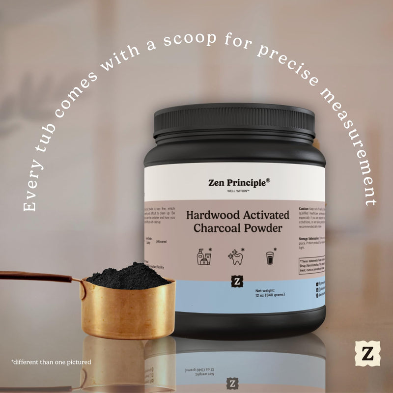 [Australia] - Zen Principle Activated Charcoal Powder only from USA Hardwood Trees. All Natural. Whitens Teeth, Rejuvenates Skin and Hair, Supports Better Digestion. Free Scoop Included. 12 oz. 