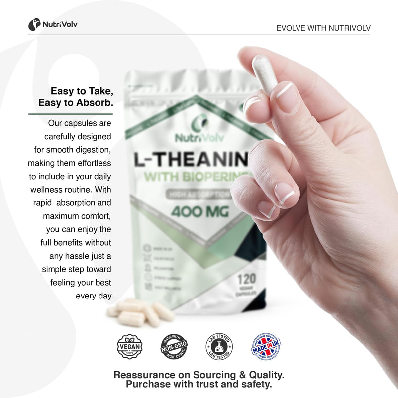 L-Theanine 400mg with BioPerine® | 120 Vegan Capsules | High Absorption & Bioavailablity L Theanine | Enhanced Sleep at Night | Boost Focus & Relieve Stress | 4 Months Supply | UK Made | by NutriVolv