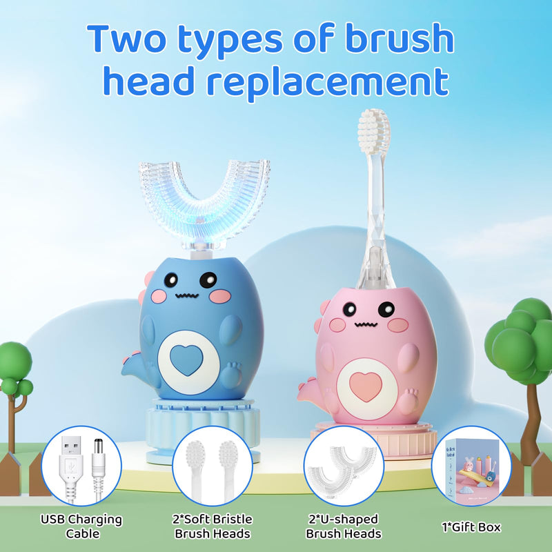 Kids U Shaped Electric Toothbrush, with 3 Cleaning Modes, with 4 Brush Heads, 360° Sonic Automatic Toothbrush, IPX7 Waterproof Cartoon Dinosaur Design (Ages 2-12) Dark Blue