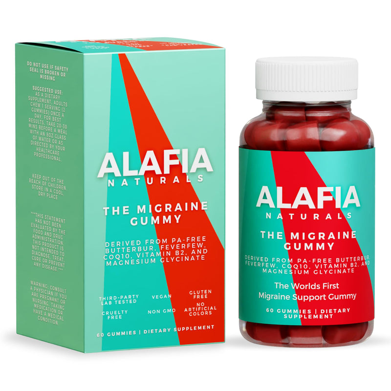 Alafia Naturals The Migraine Gummy - World's First Comfort and Support Gummy - Magnesium Glycinate, Butterbur, Feverfew, CoQ10, Vitamin B2 400mg Riboflavin 400mg 60ct Strawberry