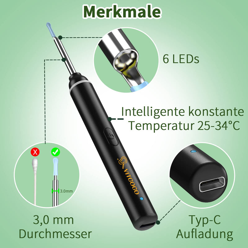 [Australia] - Earwax Remover Otoscope, VITCOCO 1920P Wifi Ear Cleaner, Ear Cleaner with Camera, Otoscope with 6 LEDs for iPhone, iPad and Android Smartphones, Black 