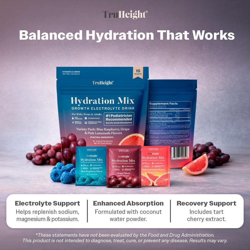 TruHeight Hydration Packets (Variety Pack) Kids, Teens & Adults Fast Hydration, Energy & Recovery - Dehydration Relief Electrolytes Powder Packets for Athletes - Sugar Free, Zero Calorie, Non-GMO