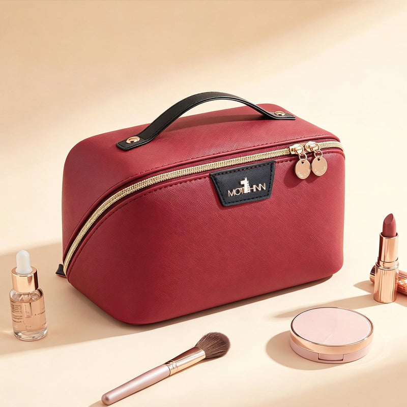 Travel Makeup Bag Organizer for Women: 3-in-1 Large Capacity Cosmetics Bag | Vegan Leather Flat Open Toiletry Bag with 2 Removable Skincare Pouch - Portable Travel Essentials for Full-Sized Bottles B05-Red