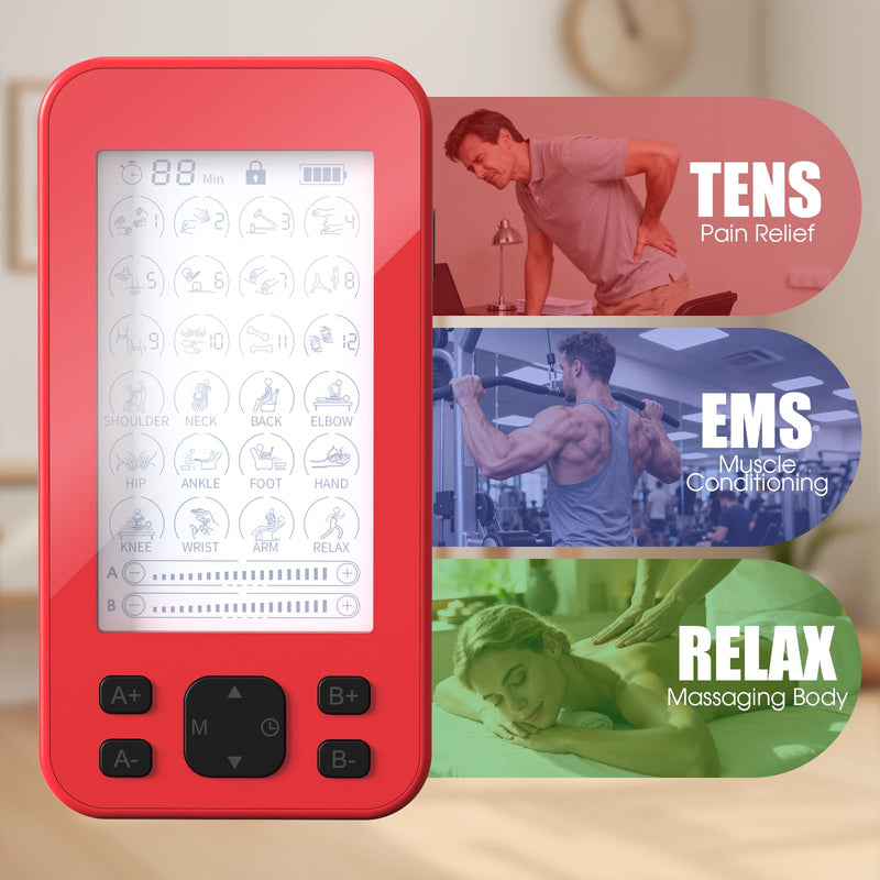 TENS Unit Muscle Stimulator, 3-in-1 TENS & EMS Stimulator Machine with 24 Modes & 20 Levels, Rechargeable EMS Massager for Neck, Shoulder, Sciatica & Back Pain Relief with 12 Pads, EVA Case