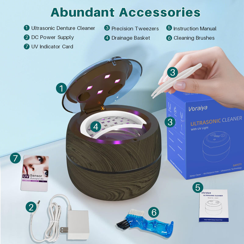 [Australia] - Voraiya Dental Ultrasonic Retainer Cleaner Machine, 45kHz Denture Cleaning Pod with 4 Modes Digital Timer for Aligner, Mouth Night Guard, Braces, Toothbrush, Jewelry, Ring Brown 