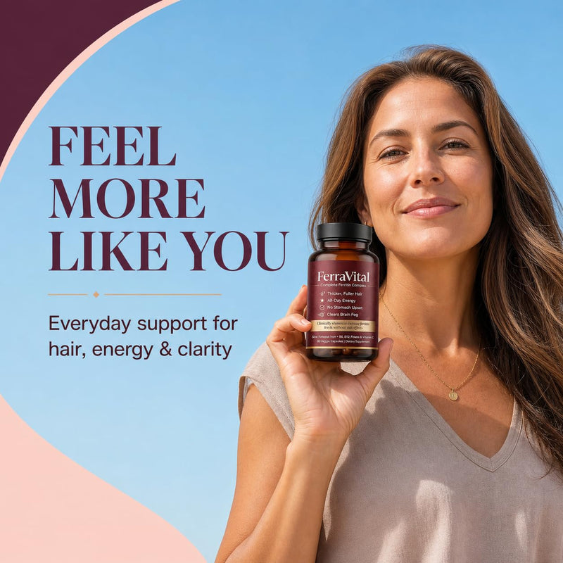 FerraVital Ferritin Support Iron Supplement for Women, 60 Capsules | With lactoferrin, vitamin C, L-lysine, active B vitamins and essential minerals for a streamlined daily routine.