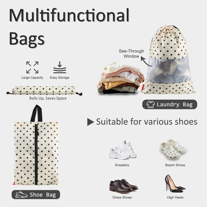 Travel Duffle Bag with Shoe Compartment and 5 Set Polka Dot Packing Cubes for Travel