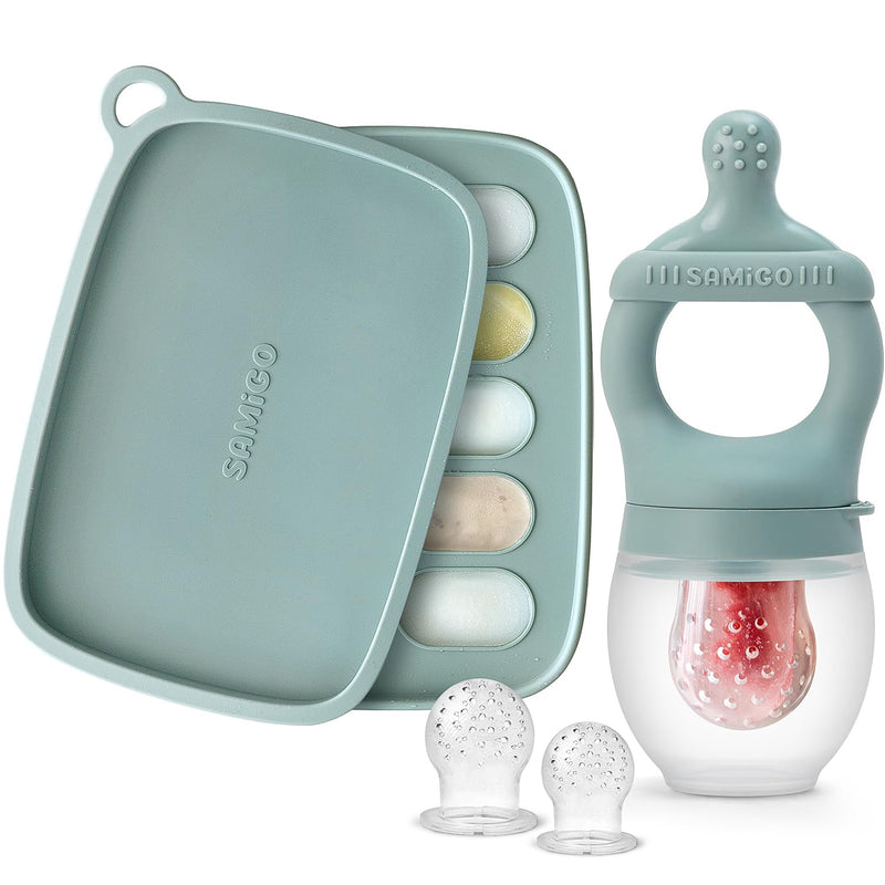 [Australia] - SAMiGO Baby Food Fruit Feeder and Breastmilk Popsicle Mold Set, Silicone Fruit Teether, Food Feeder Pacifier for Teething Relief, Freezer Tray, Baby Feeding Essentials, 4 Months+ Forest 