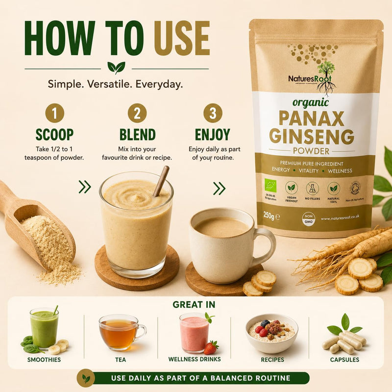 Nature’s Root Organic Panax Ginseng Powder 125g – Premium Botanical Root Powder for Smoothies, Tea & Wellness Drinks – Vegan Friendly Herbal Ingredient – Resealable Pouch