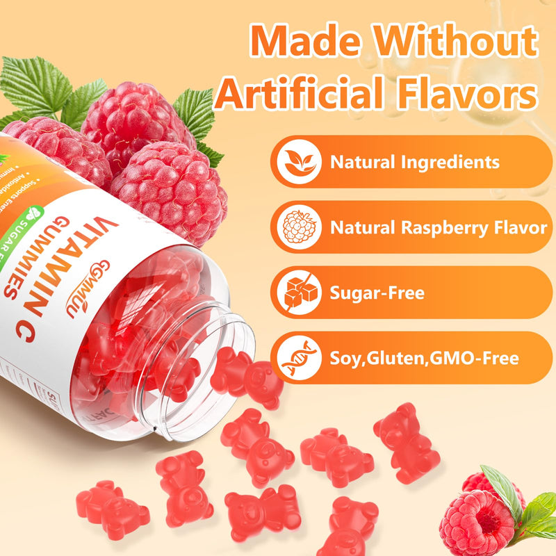 Sugar Free Vitamin C Gummies 250mg - Chewable Supplement, 120 Count | Immune, Antioxidant & Collagen Support for Adults & Kids, Vegan, Pectin-Based, Non-Gmo, Raspberry Flavor, 2 Pack
