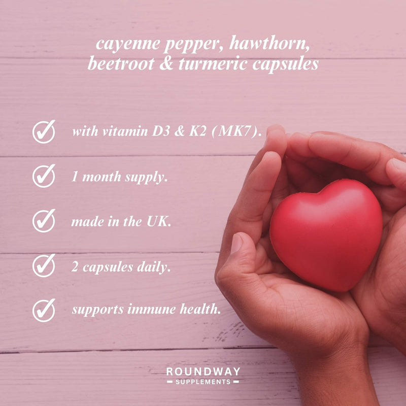 Cayenne Pepper Capsules with Hawthorn, Beetroot, Turmeric and Vitamin D3 K2 for Heart & Circulatory Support | 60 Capsules, 1 Month Supply | Made in The UK by Roundway Supplements