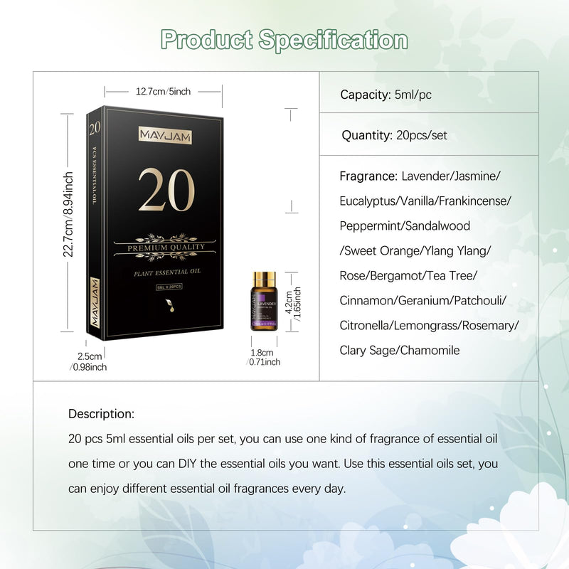 [Australia] - MAYJAM Essential Oil Set 20 Pieces, Essential Oil Gift Set for Diffuser, Humidifier - Lavender Jasmine Eucalyptus Vanilla Sandalwood Sweet Orange Rose Bergamot and More Vegetative-20-1 100 ml (Pack of 1) 