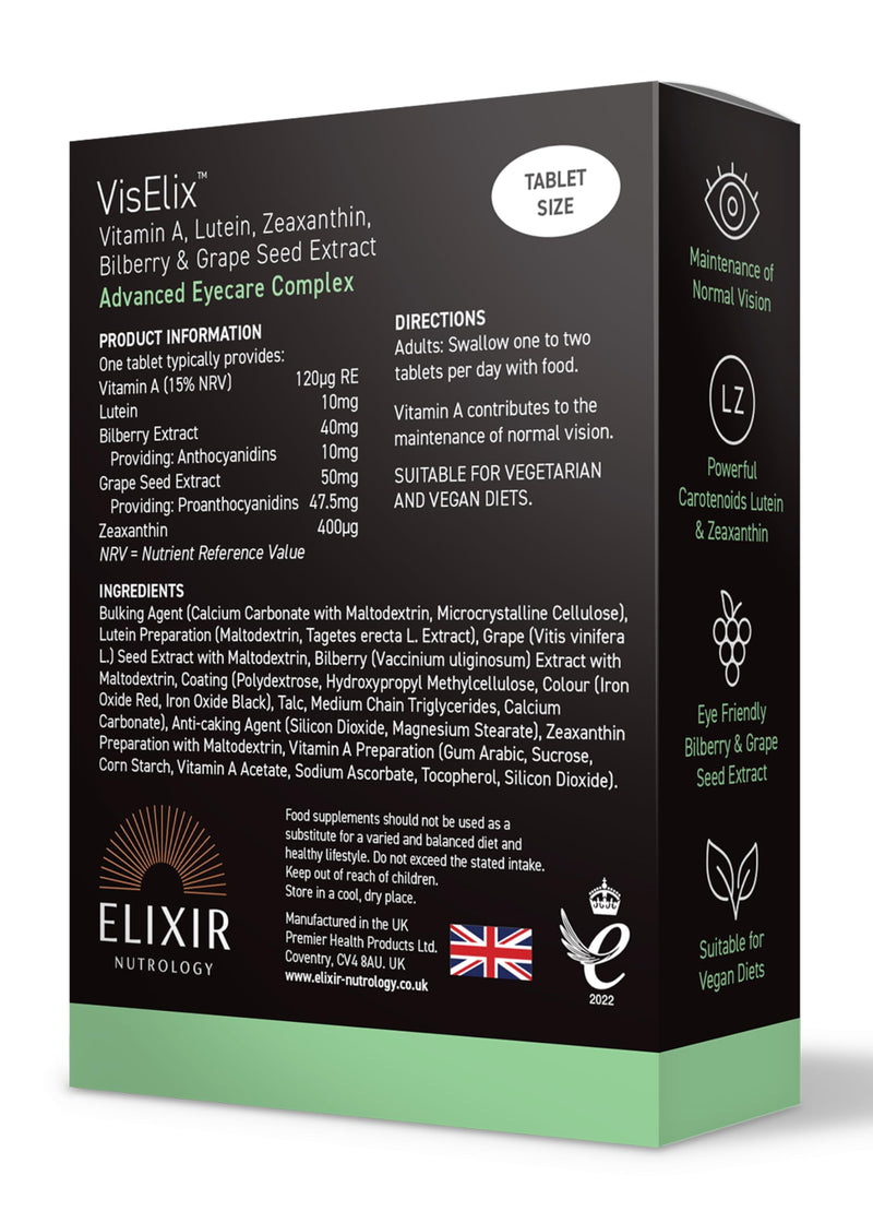 Eye Health & Vision Support | Helps Maintain Normal Vision & Visual Comfort | Lutein, Zeaxanthin & Vitamin A | With Bilberry & Grape Seed Extract | Daily Antioxidant Eye Support | 30 Tablets | UK Made