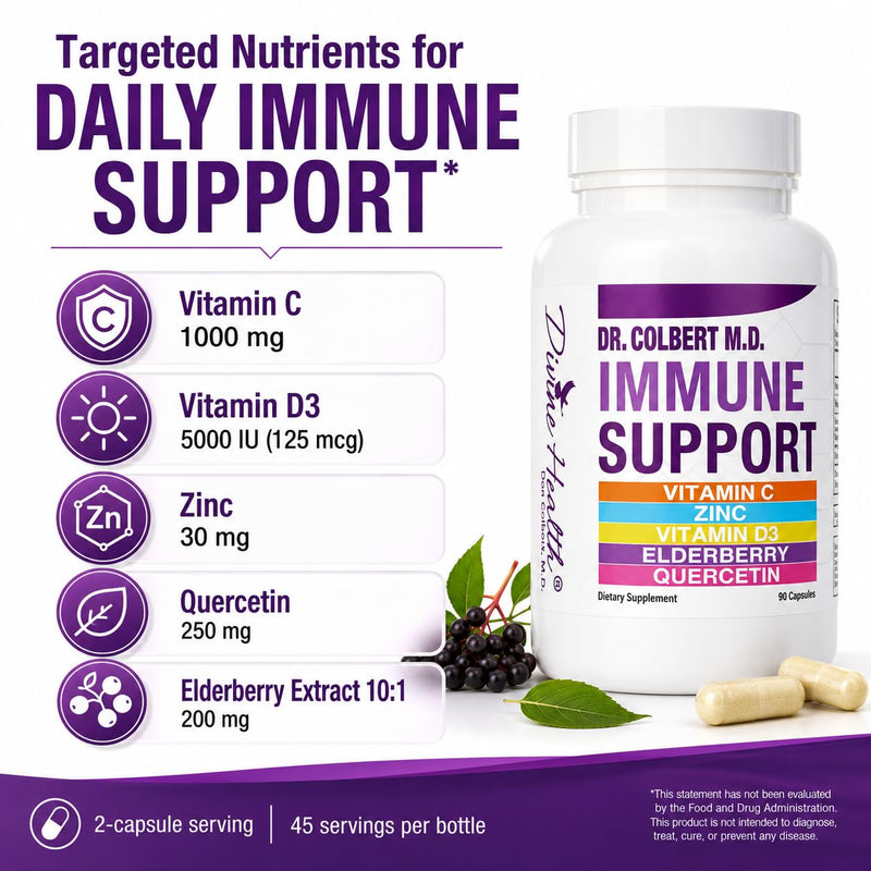 Dr. Colbert, MD Immune Support | by Divine Health | Vitamin D3 | Zinc | Quercetin | Vitamin C | Elderberry | 90 Capsules