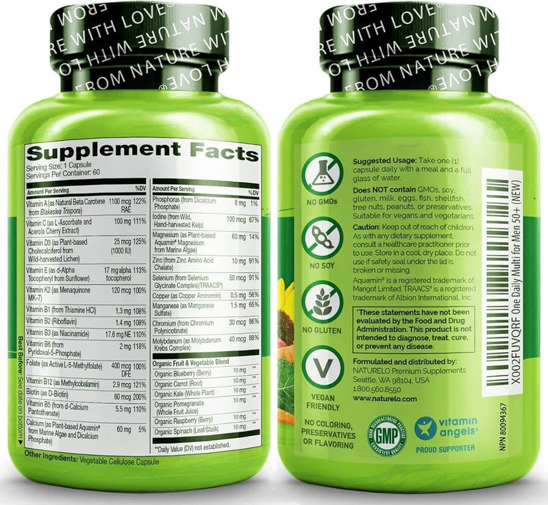 Men’s 50+ Multivitamin Easy One a Day | 60 Vegan Capsules (2 Month Supply) | 29 Essential Vitamins, Minerals & Fruit & Veg Extracts, for Men’s Health and Vitality | NATURELO 60 count (Pack of 1)