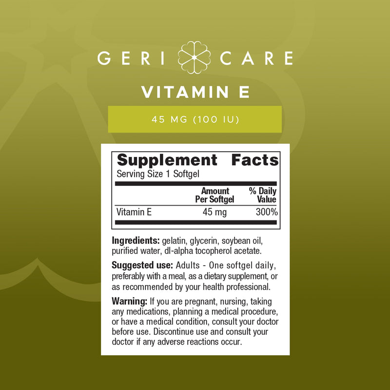 [Australia] - GeriCare High-Potency Vitamin E Capsules ‚Äì 100 IU for Skin & Immune Support, 45mg | 100 Count | Organic Vitamin E for Women and Men | Alternative to Nature Bounty & Solgar Vitamin E 100 Count (Pack of 1) Softgel - 45mg 