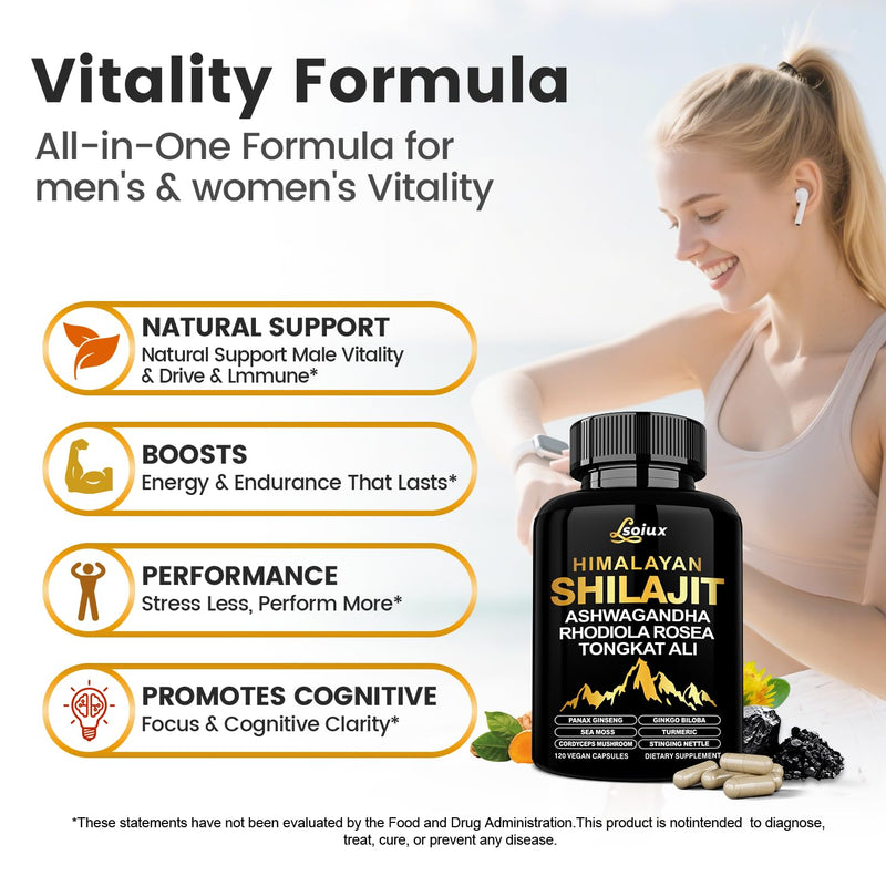 [Australia] - Shilajit for Men & Women - 10-in-1 Pure Himalayan Shilajit Capsules with Organic Ashwagandha | Rhodiola Rosea | Tongkat Ali Supplements for Lmmune Support, Energy & Endurance, Stress Less - 120 120 Count (Pack of 1) 