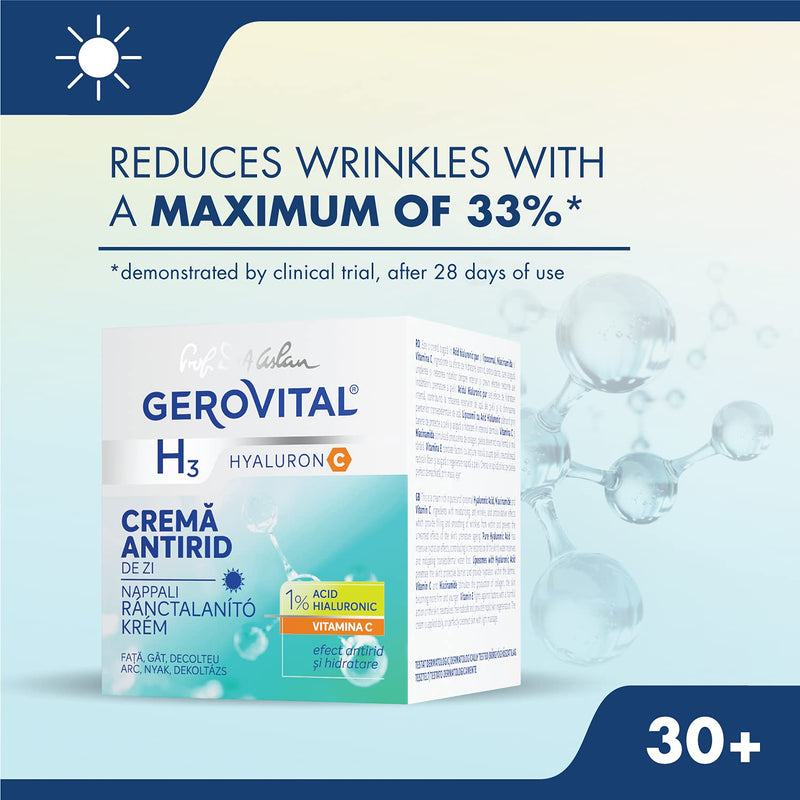 GEROVITAL Anti-Wrinkle Day Face Cream Rich in Hyaluronic Acid, Vitamin C and Niacinamide, Vitamin E, Intense Moisturizer, for Normal, Mixed, Dry Skin, 50 ml