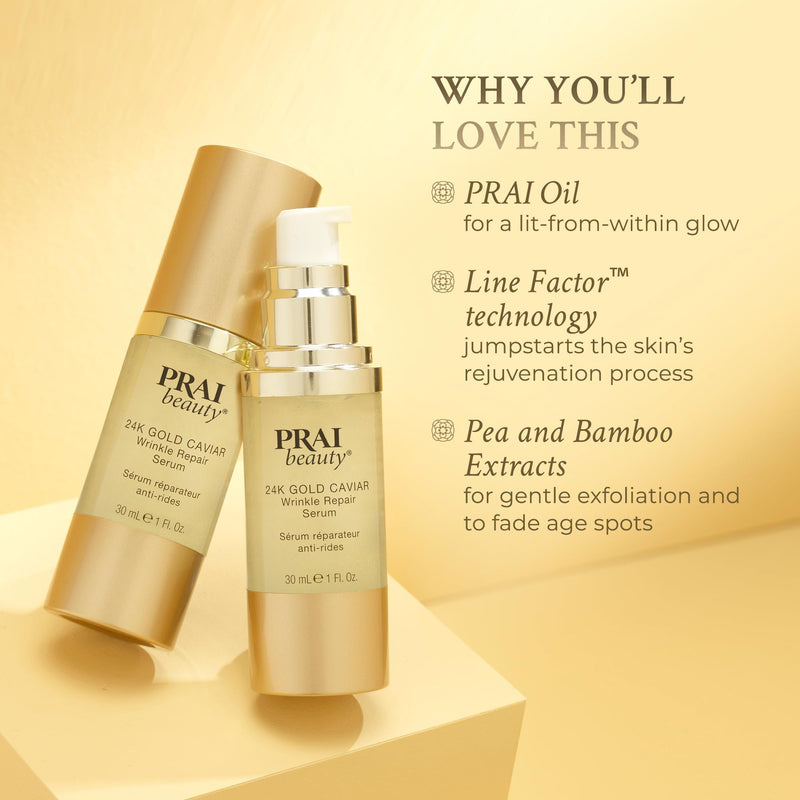 PRAI Beauty 24K Gold Caviar Wrinkle Repair Serum for Face | Anti-Aging Serum with Hyaluronic Acid to Plump and Fill In Wrinkles | Anti-Wrinkle Serum with Vitamin C for Brighter, Firmer Skin | 1.7 Oz 1.7 Ounce (Pack of 1)