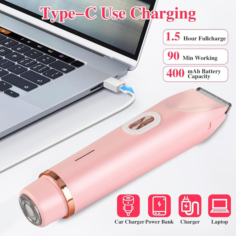 2 in 1 Electric Glow Shaver, Portable Bikini Trimmer for Women, Dual Head Rechargeable Electric Razor, IPX7 Waterproof Wet & Dry Use Legs Body Pubic Hair Trimmer for Men Women Christmas Birthday Gifts Purple