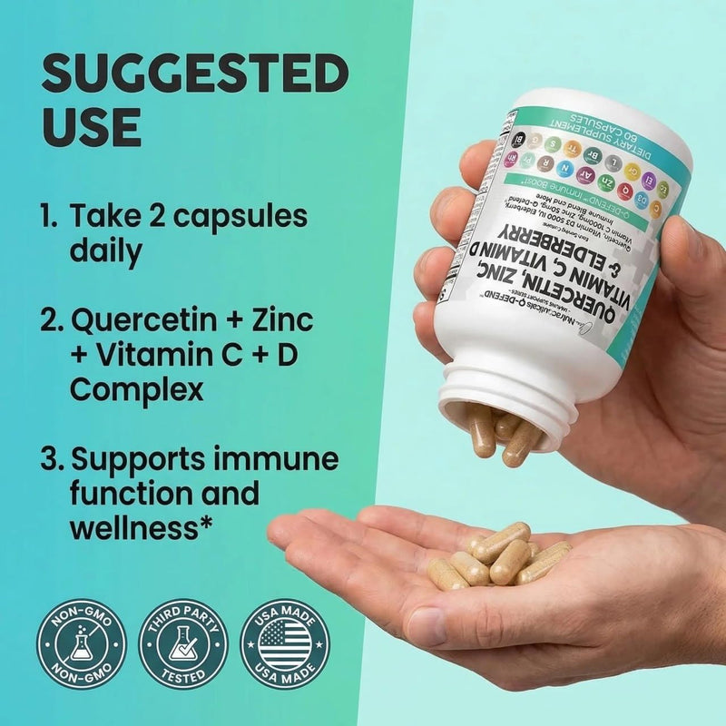 Q Defend Quercetin Supplement with Zinc Vitamin C Vitamin D Elderberry Turmeric Black Pepper Garlic Ginger Sea Moss Lysine Stinging Nettle Reishi Mushroom Immune Support 60 Capsules 60 Count (Pack of 1)