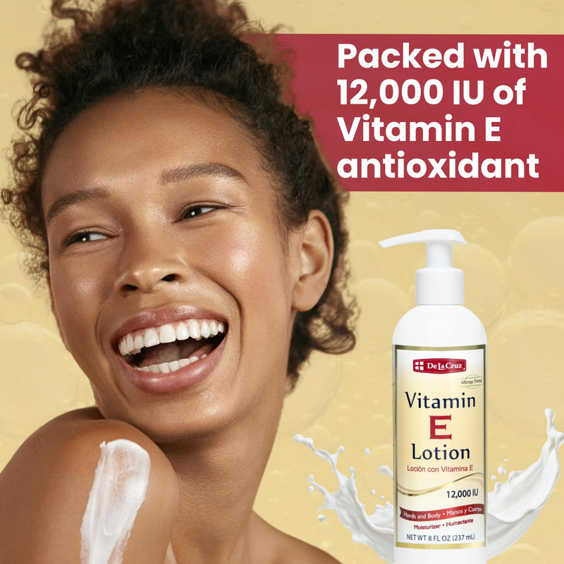 De La Cruz Vitamin E Lotion with 12,000 IU for Dry Skin, 8 fl. oz. (236 mL) | Vitamin E 12000 IU, Dry & Rough Skin, Hands & Body Lotion, Aloe Vera, Avocado & Almond Oils, Allergy Tested, With Pump