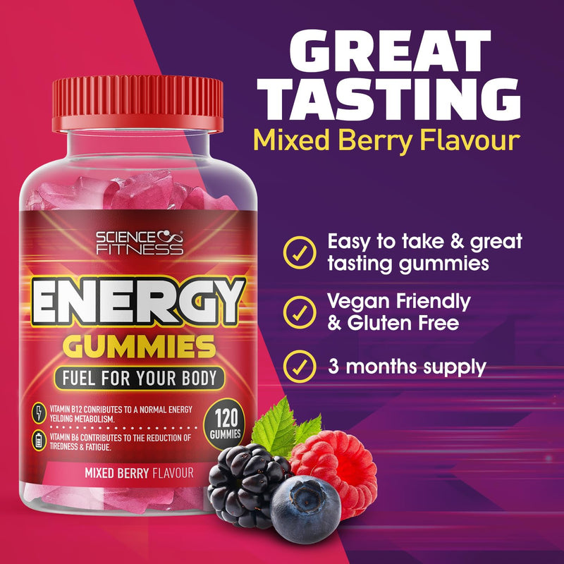 Energy Gummies |120 Mixed Berry Flavour Gummies from Science Fitness Brand |4 Months Supply 120