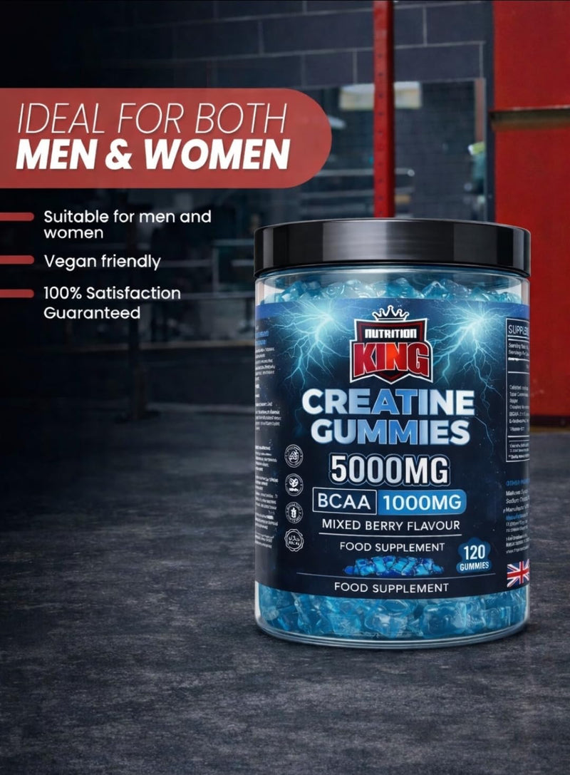 Creatine Gummies 5000mg Per Serving – BCAA 1000mg + Vitamin B12 – Sugar-Free Creatine Monohydrate Gummies – Energy, Strength & Recovery Support – Vegan Friendly – 120 Gummies (Blueberry)