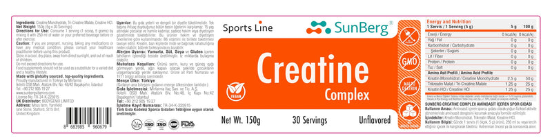 Sunberg Creatine Complex Supplement - 150g Creatine Monohydrate Powder Energy Drink for High Intensity Training Muscle Growth Strength Building & Recovery - Unflavoured Micronized Creatine Powder