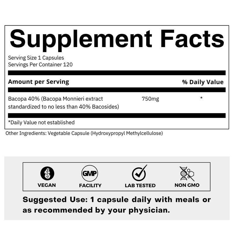 [Australia] - Bacopa Monnieri Capsules 750mg ‚Äì Herbal Supplement with 40% Bacosides Bacopa Monnieri - Helps to Support Memory and Cognitive Ability ‚Äì 120 Capsules 