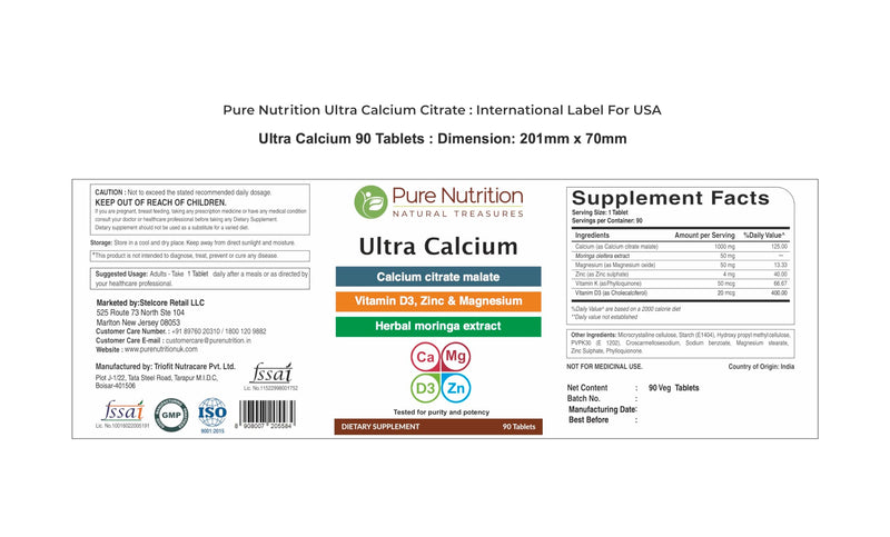 Pure Nutrition Ultra Calcium 1000mg with VIT D3 + K | 90 Tab | Calcium Supplement with Calcium Citrate Malate, VIT D3, K, Moringa Oleifera, Magnesium and Zinc. 90 Count (Pack of 1)
