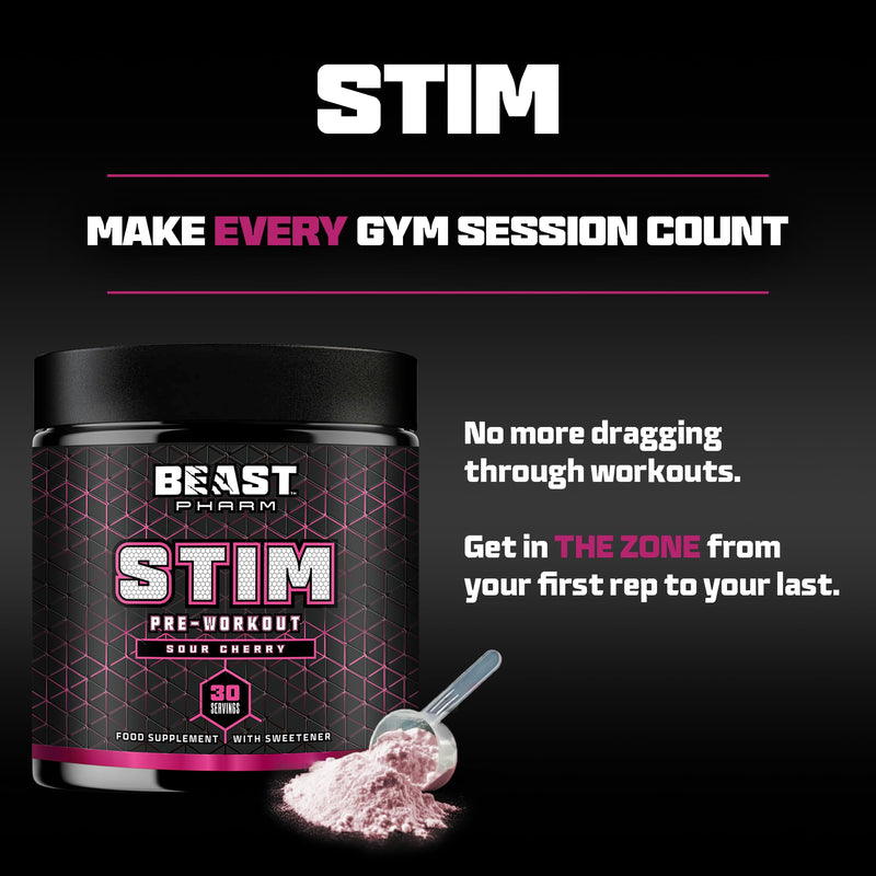 Beast Stim Pre Workout Powder - 30 Servings - Gym Supplements for Men and Women 390g - Beta Alanine Preworkout - Lemon Sherbet