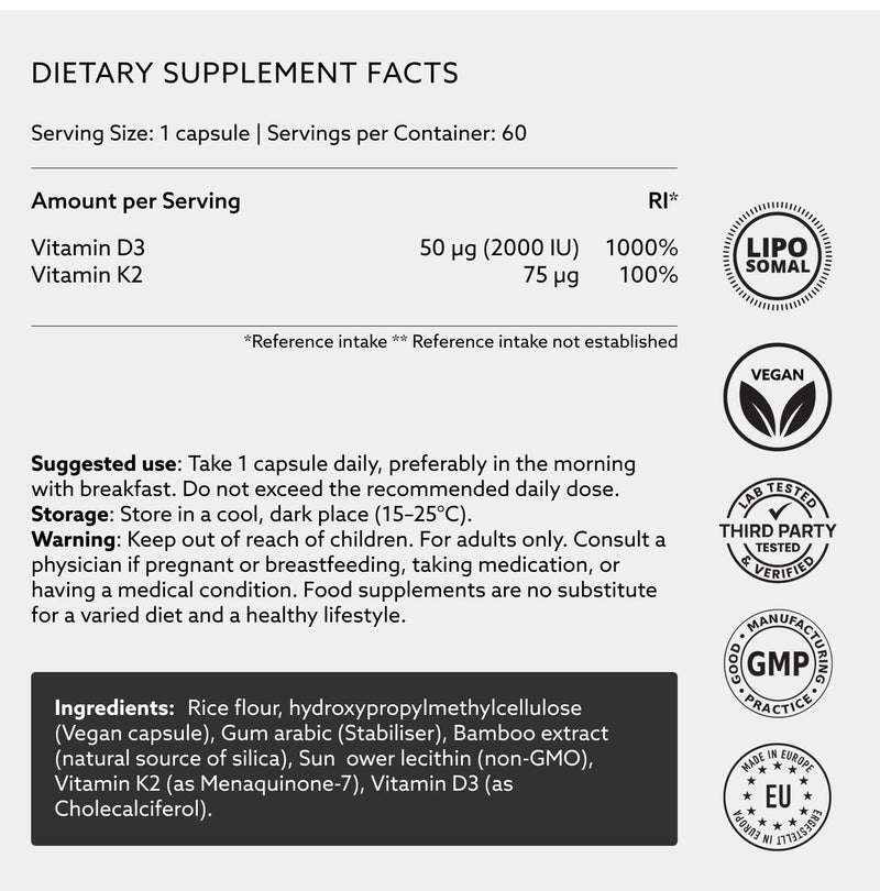 PUROVITALIS Liposomal Vitamin D3 2000 IU with Vitamin K2, Bone & Immune Support Supplement, Gluten Free, 1-Month Supply (60 Vegan Capsules)