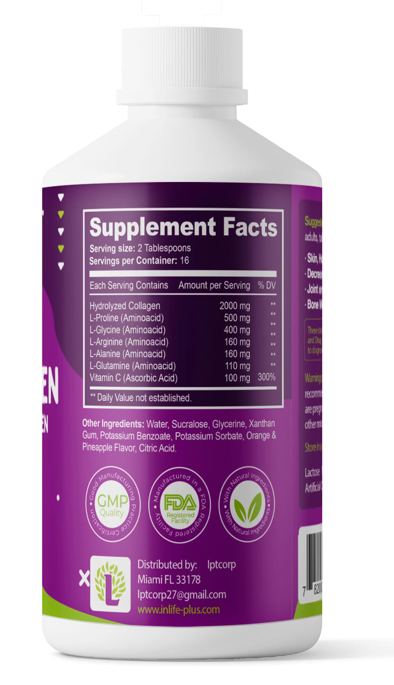 Liquid Collagen for Women & Men (16 oz) Extra Strength hydrolyzed Collagen peptides, with Vitamin C, Glowing Skin Support, Hair, Muscles, Nail Supplement, Gluten Free, Non GMO (1) 1