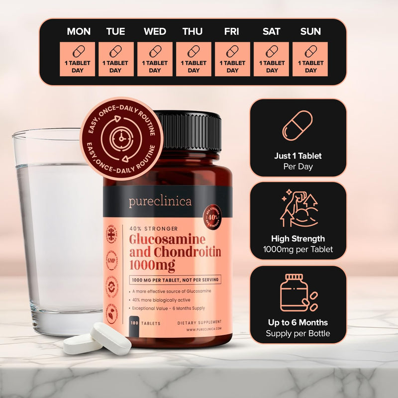 Glucosamine & Chondroitin 1000mg – High Strength Joint Support – Pureflex™ Glucosamine HCL + Marine Chondroitin – 360 Tablets (2×180) – 1 Year Supply – Premium Biologically Active Formula 180 count (Pack of 2)