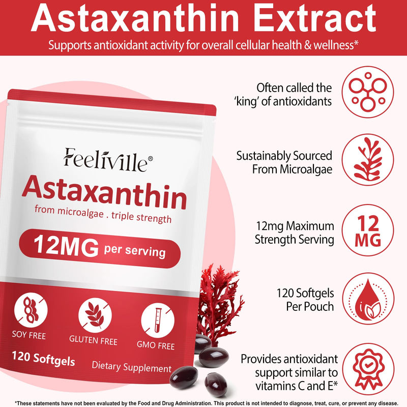 Astaxanthin Supplements, Premium Astaxanthin 12mg, Supports Eye, Skin, Joint, Brain, Heart & Immune System Health, Fresh Haematococcus Pluvialis, Non-GMO | No Gluten (2PCS) 2pcs