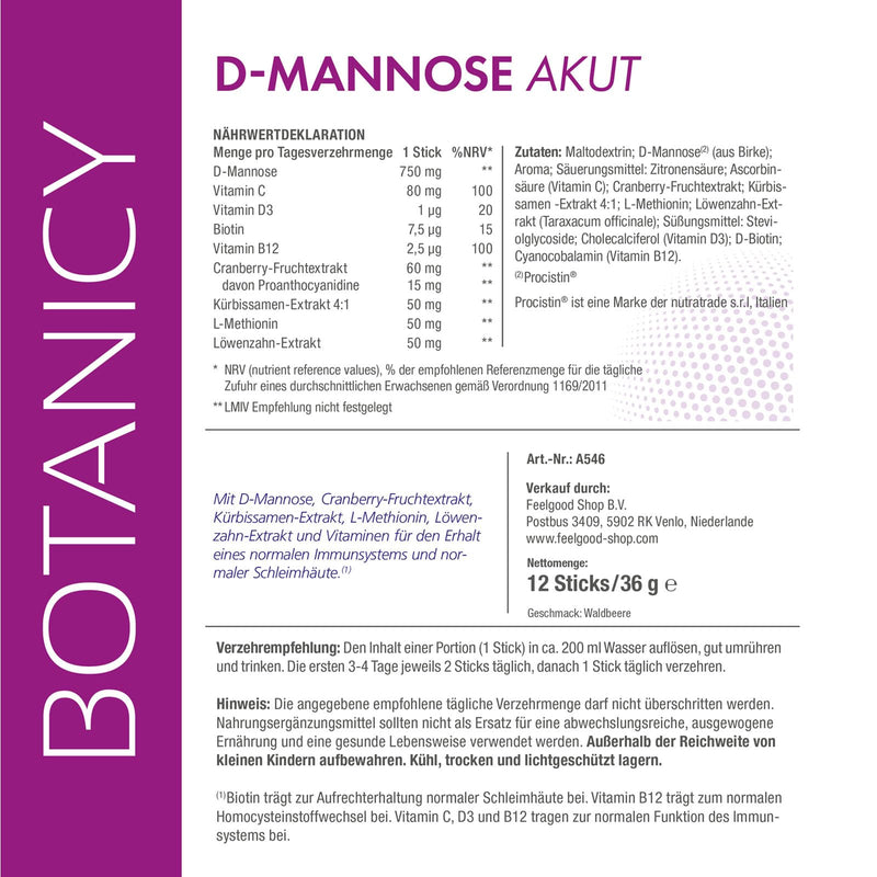 [Australia] - BOTANICY D-Mannose + Cranberry Acute - For cystitis & urinary tract infections - PROCISTIN® D-Mannose powder with cranberry extract - including dandelion, without artificial additives & genetic engineering, pack of 5 (60 sticks) 