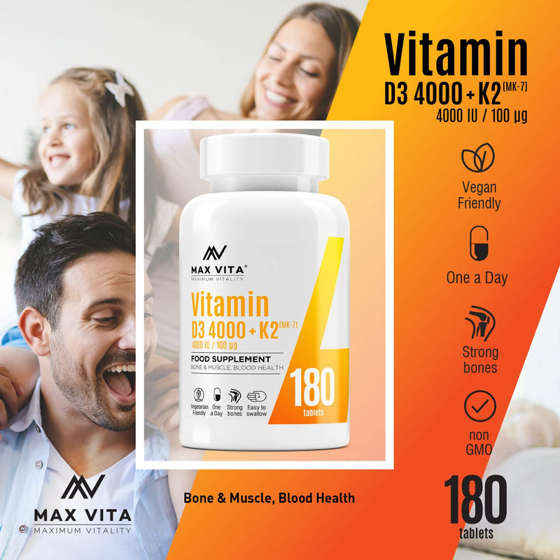 Vitamin D3 4000 IU K2 MK-7 100mcg High Strength VIT D3 K2 Menaquinone from Natto Bones Muscle Teeth Blood Calcium Levels Immune System Support 180 Tablets