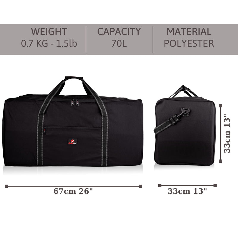 Roamlite Extra Large Size X-L 26" Duffel Bag - Very Big Holdall, Cargo Travel Luggage - 70 Litre 26 Inch x13x13 Plain Black, RL26K