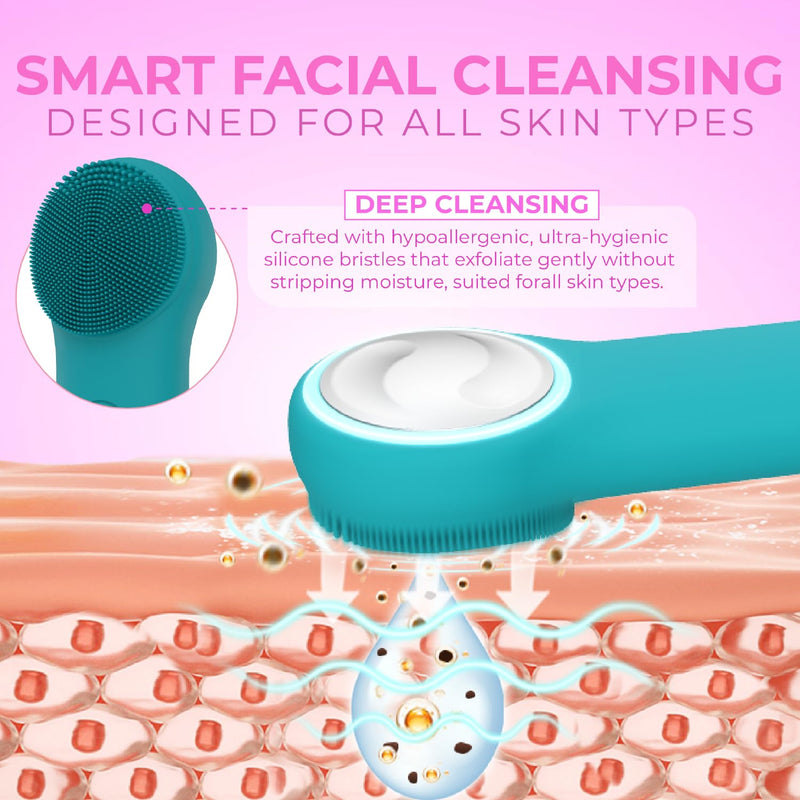 Riki Radiant Electric Silicone Face Scrubber - 2-in-1 Facial Rotating Vibrating Exfoliating Brush - Waterproof & Portable, Rechargeable, for Cleaning, Exfoliation, Massage, for Men & Women (Green) Green