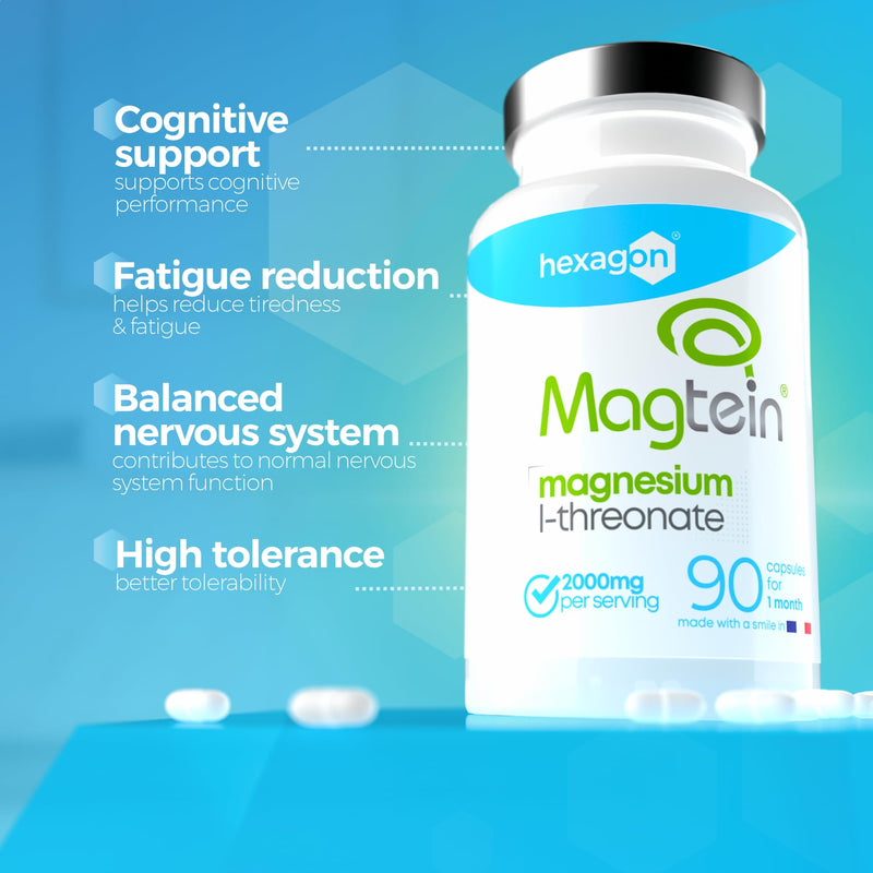 Magnesium L-Threonate Magtein® 2000mg - Memory, Mental Clarity, Restorative Sleep - Optimal Cerebral Assimilation - Patented Form from MIT - 90 Vegan Capsules - +1 Month Cure - Hexagon