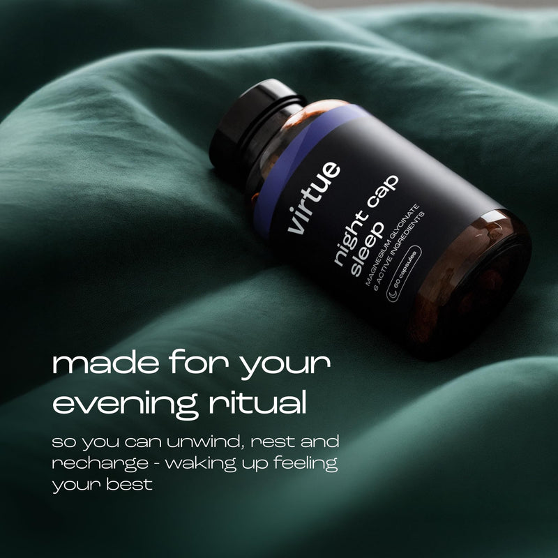 Virtue Night Cap Sleep | Magnesium Glycinate & L-Theanine Sleep Support | 6 Calming Ingredients Sleep Supplement | Natural Sleep Aid | 60 Vegan Capsules