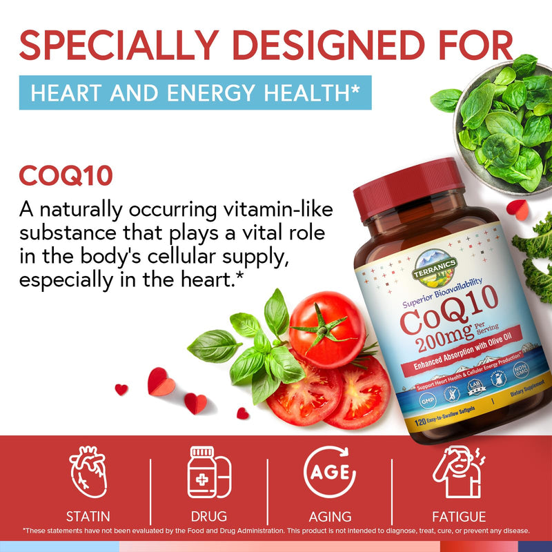 Terranics CoQ10 200mg, Coenzyme Q10 Supplement with Extra Virgin Olive Oil for Enhanced Absorption, Made in USA, Supports Heart Health, Antioxidant Protection, Energy Production, Non-GMO, 120 Softgels 120 Count (Pack of 1)