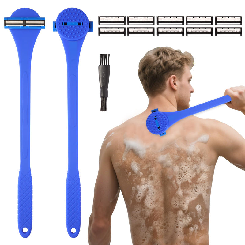 Back Shaver for Men,Back Hair Removal for Men with Long Bendable Ergonomic Silicone Handle,10 of The Wet or Dry Disposable Razor Blades,Bath Brush Included(Blue)
